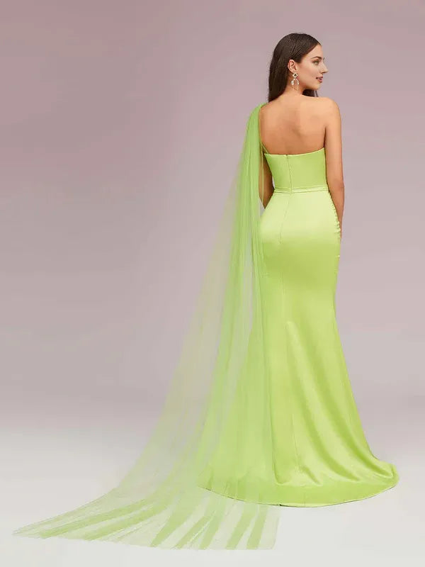 Robe Weitese unique sirène trompette une épaule longue douce satin formelle tulle robes de bal